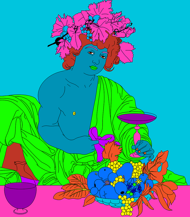 Michael Craig-Martin, Caravaggio (blue) — a reclining figure with a wine glass and grape-leaf wreath in flat neon colour on blue.