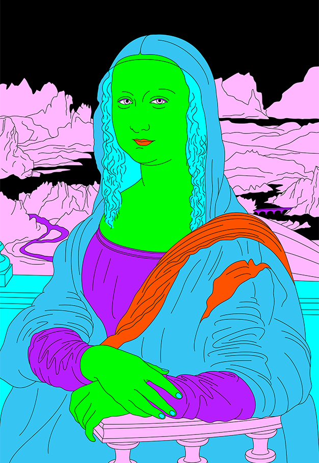 Michael Craig-Martin, Da Vinci (green) — the Mona Lisa in flat neon colour, green face and hands against a pink landscape.
