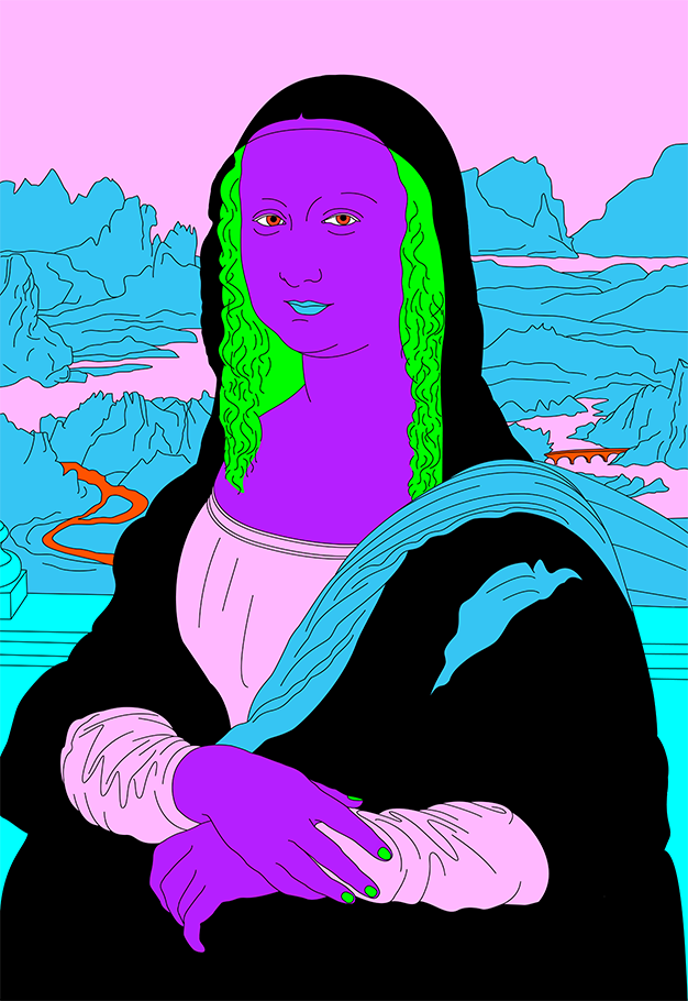 Michael Craig-Martin, Da Vinci (purple) — the Mona Lisa in flat neon colour, purple face against a blue and pink landscape.