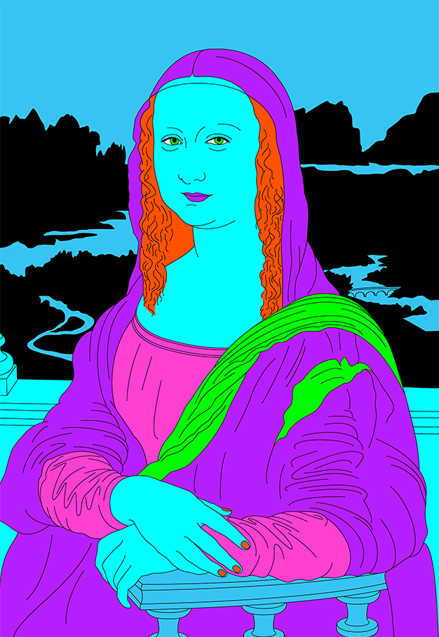 Michael Craig-Martin, Da Vinci (blue) — the Mona Lisa in flat neon colour, blue face and purple robe against a blue landscape.