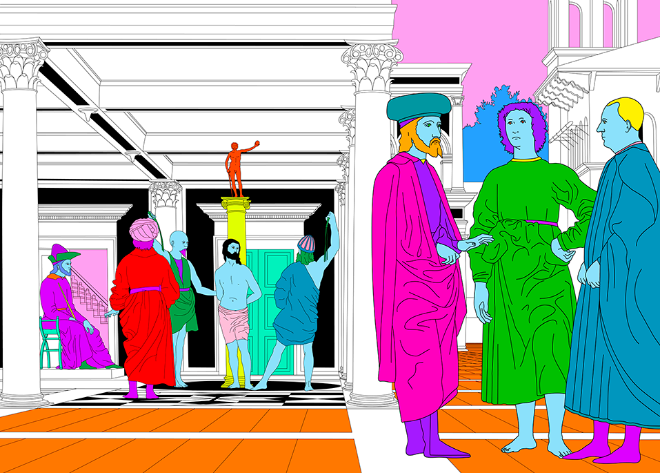 Michael Craig-Martin, Da Vinci (blue) — the Mona Lisa in flat neon colour, blue face and purple robe against a blue landscape.