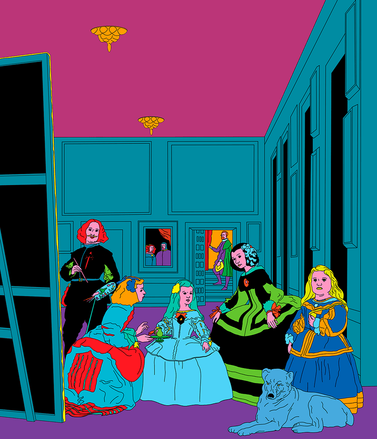 Michael Craig-Martin, Velázquez — the Las Meninas court scene in flat neon colour, a young princess in blue at the centre.