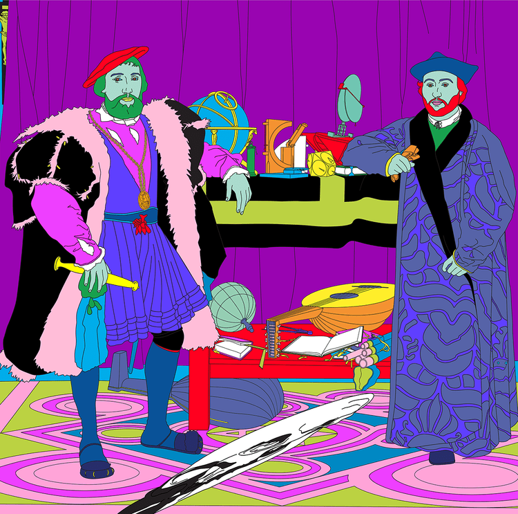 Michael Craig-Martin, Holbein — two robed figures flanking a shelf of instruments in flat neon colour, with the skewed skull below.