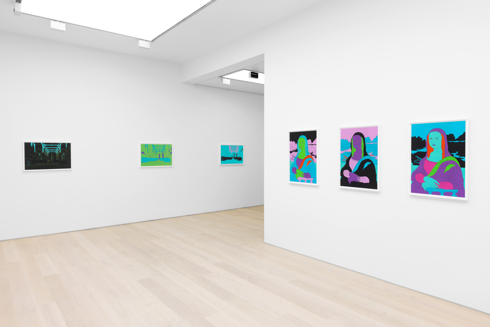 Past Present at Cristea Roberts Gallery — three neon Mona Lisa prints at right, Saenredam church interiors at left.
