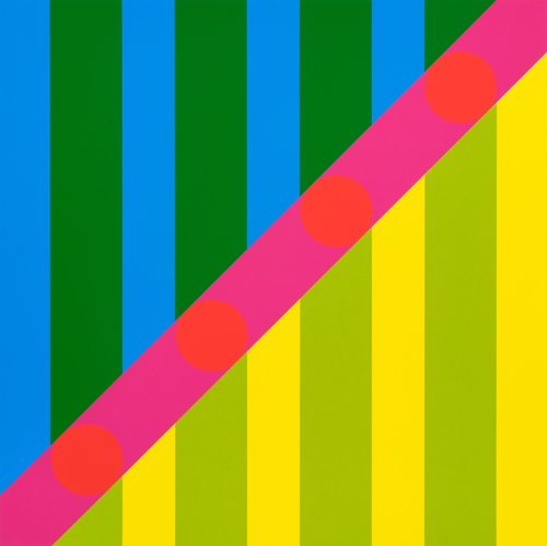 Yinka Ilori, Sometimes Things can be Simple — green-blue stripes meeting yellow ones across a pink diagonal band of red dots.
