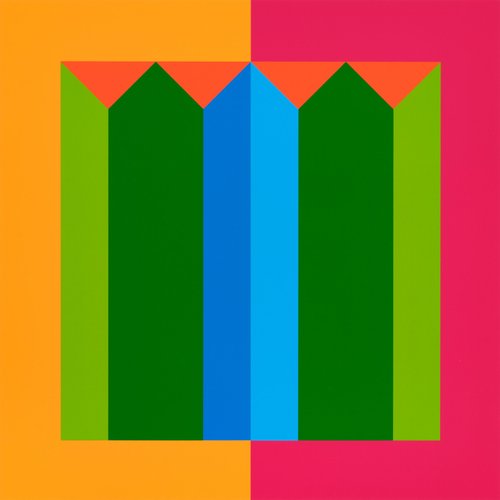Yinka Ilori, Crossing Between Time — a row of fence-like pointed shapes in greens and blue on an orange and pink ground.