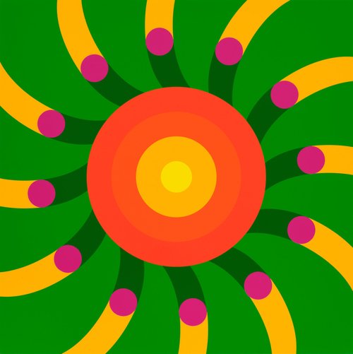 Yinka Ilori, Humbled By Your Sun Rays — a concentric orange-yellow sun with curved yellow rays tipped in pink dots, on green.