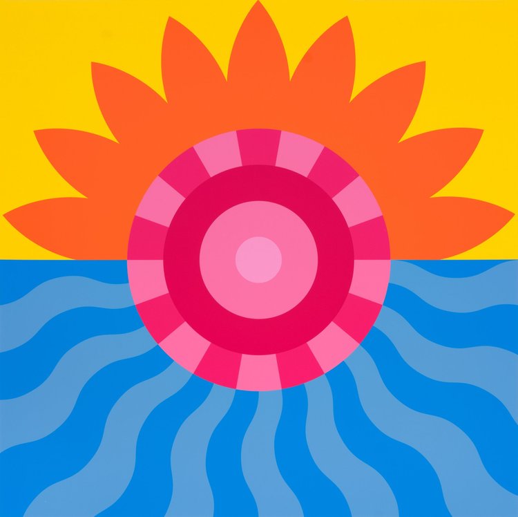 Yinka Ilori, Sun and Water can Live Together — a concentric pink sun on the horizon between an orange petal sky and blue waves.