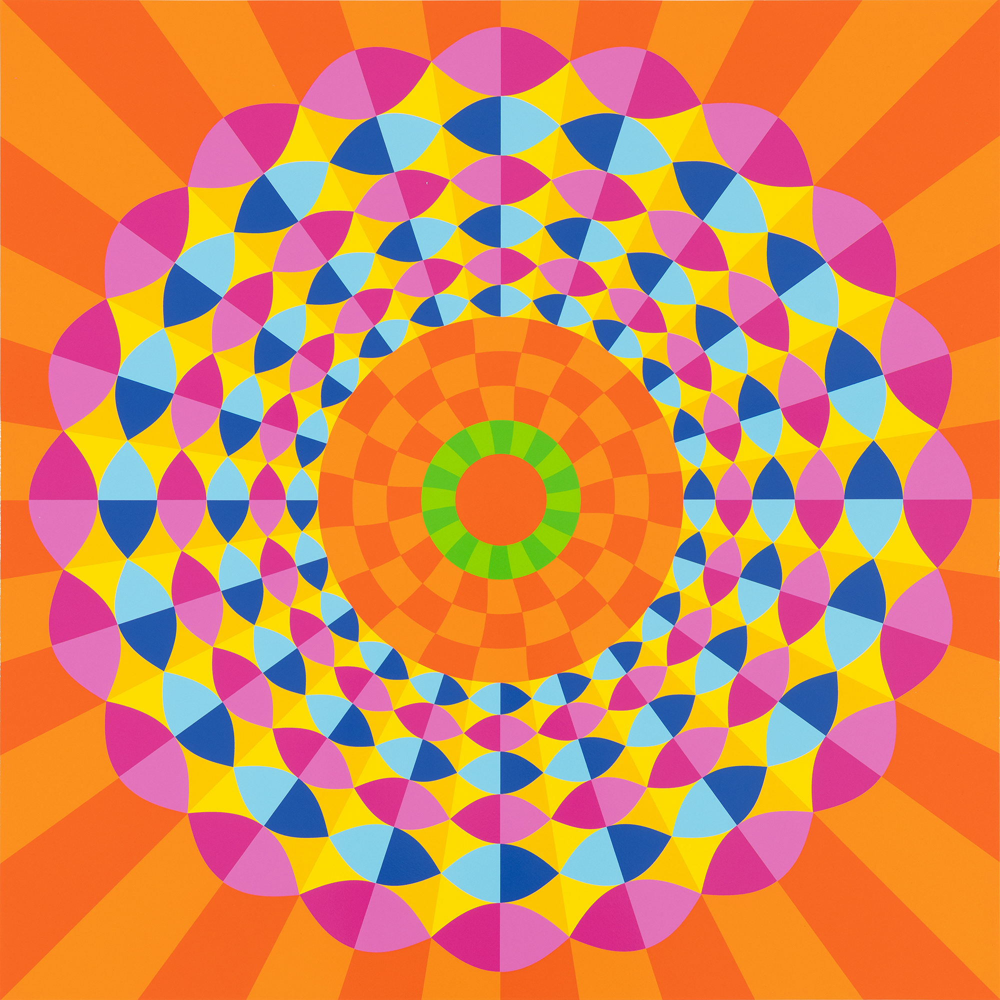 Yinka Ilori, Diamond rays — a symmetrical kaleidoscope mandala in pink, blue, yellow and green over an orange sunburst.