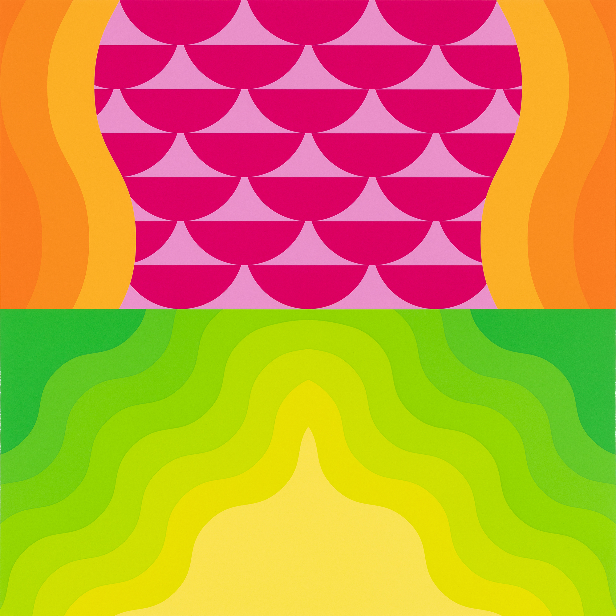 Yinka Ilori, Evergreen flows — a pink scalloped upper half over wavy green and yellow bands below, framed by orange.