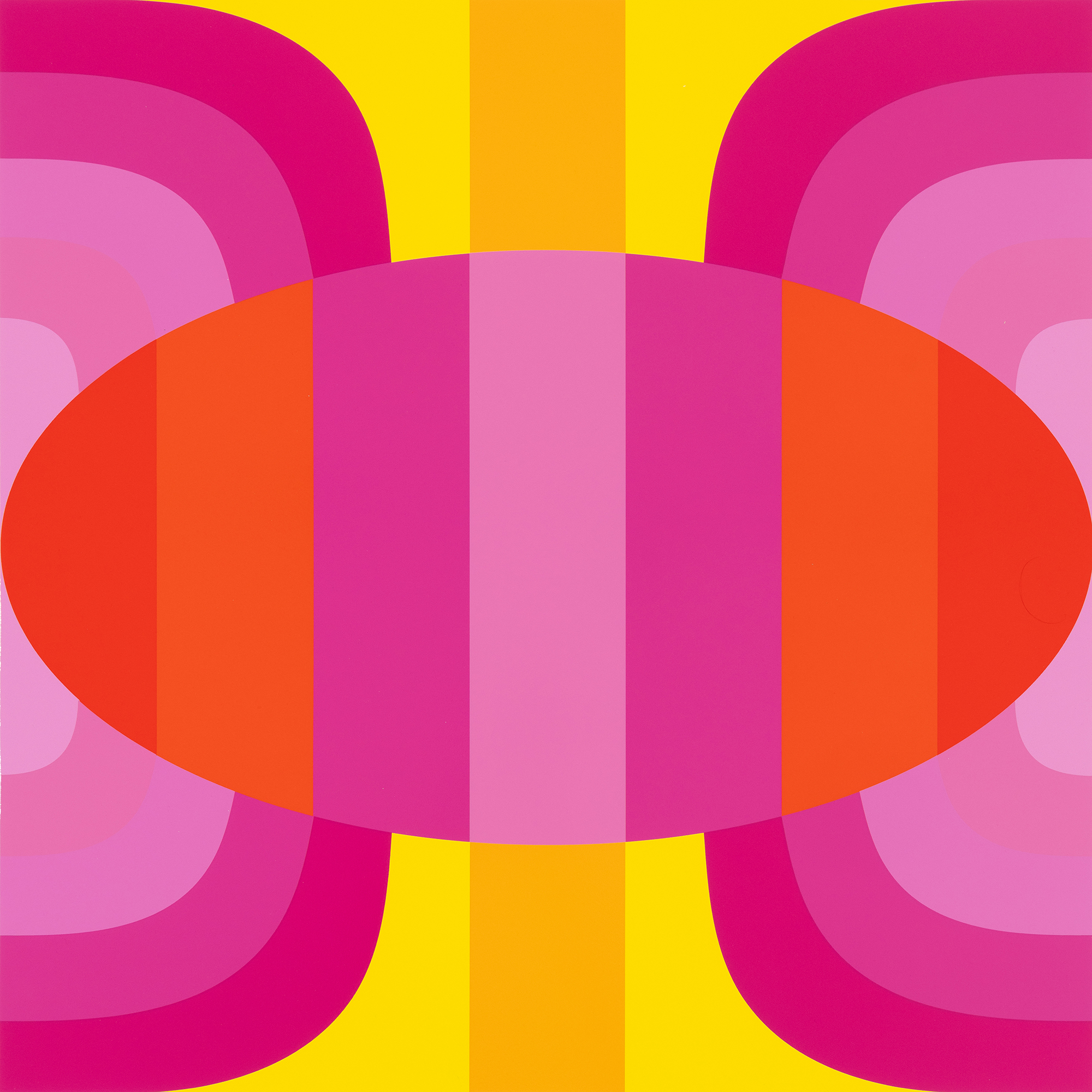 Yinka Ilori, A womb of peace — a central pink and orange oval over rounded corner shapes and vertical yellow bands.