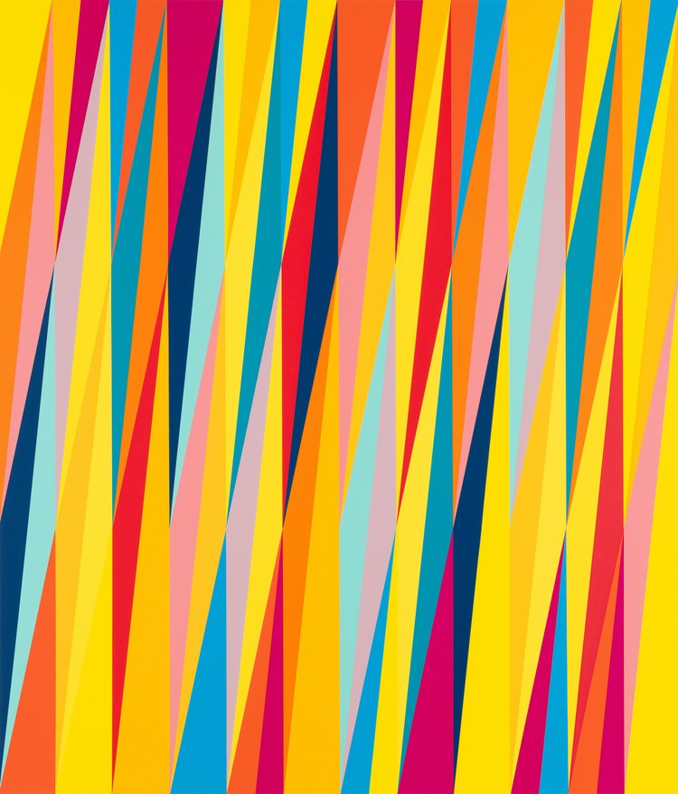 Odili Donald Odita, Firewall (light) — tall interlocking triangular shards in bright yellow, orange, red, pink and blue.