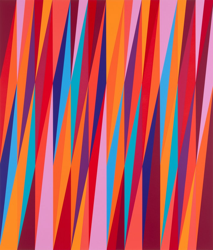 Odili Donald Odita, Firewall (night) — tall interlocking triangular shards in reds, orange, pink, purple and blue on maroon.