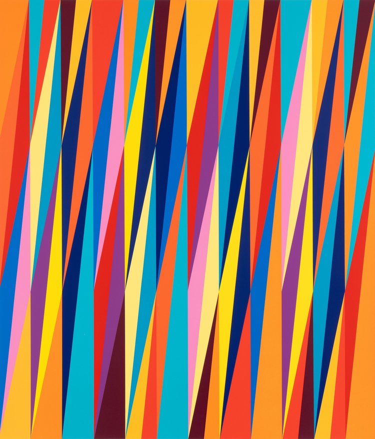 Odili Donald Odita, Firewall (one) — tall interlocking triangular shards in orange, blue, red, pink and yellow.