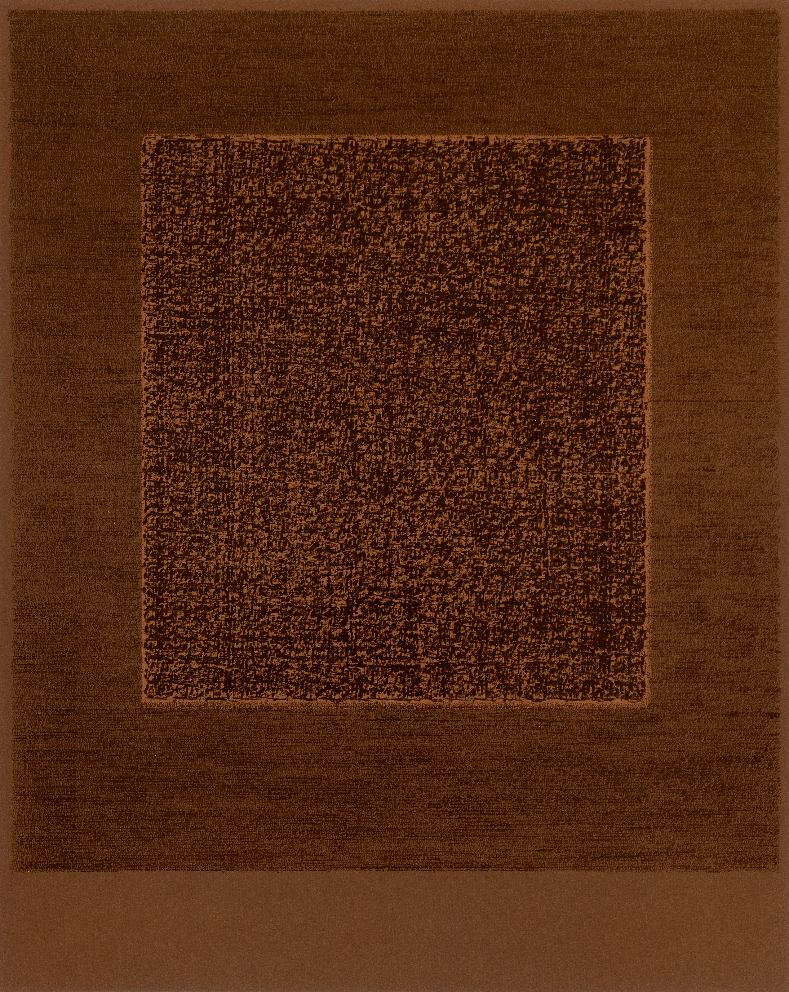 Idris Khan, The Four Seasons XI — layered musical notation in dark brown and tan forming a dense central square.