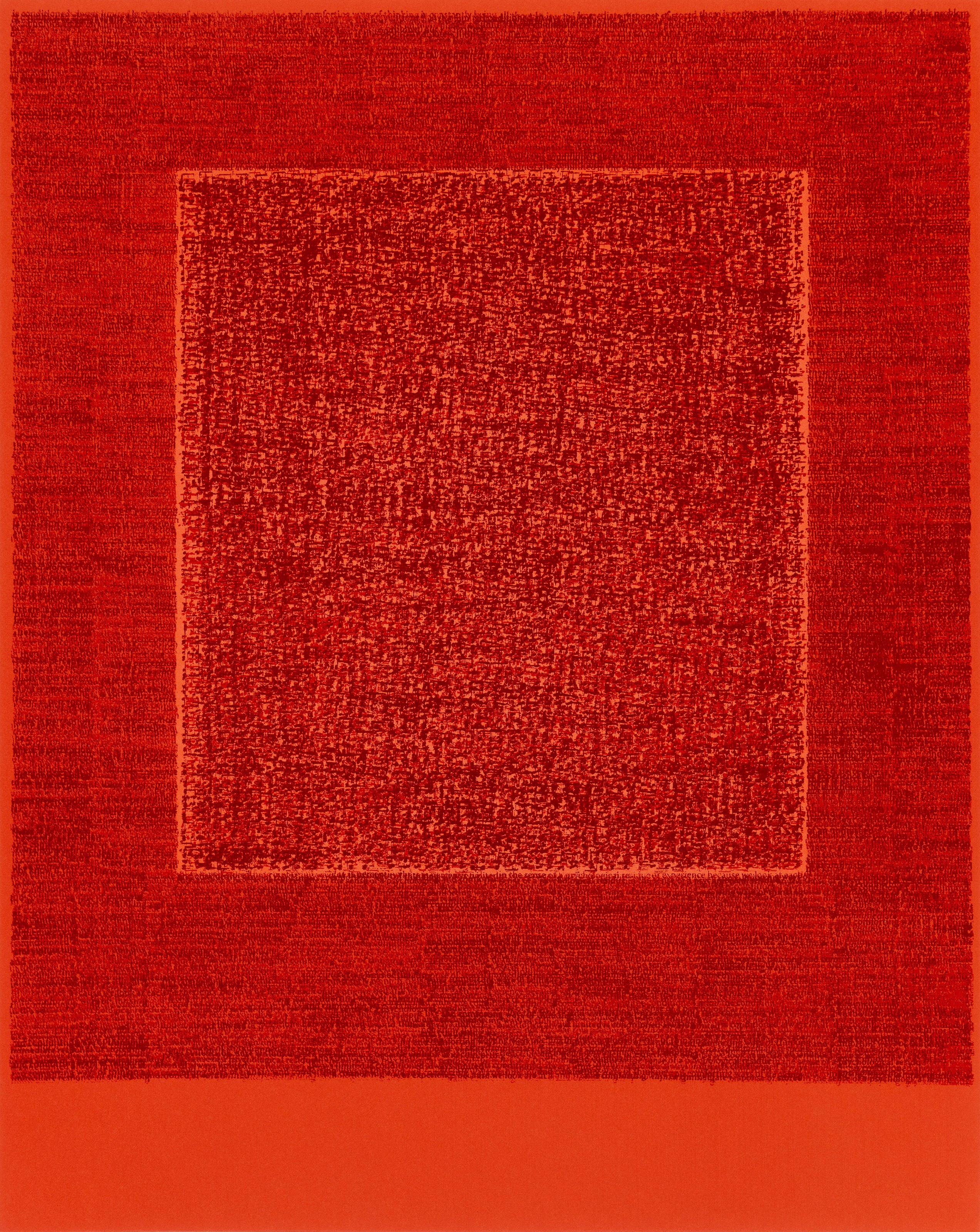 Idris Khan, The Four Seasons IX — layered text and notation in deep red and orange forming a dense central square.