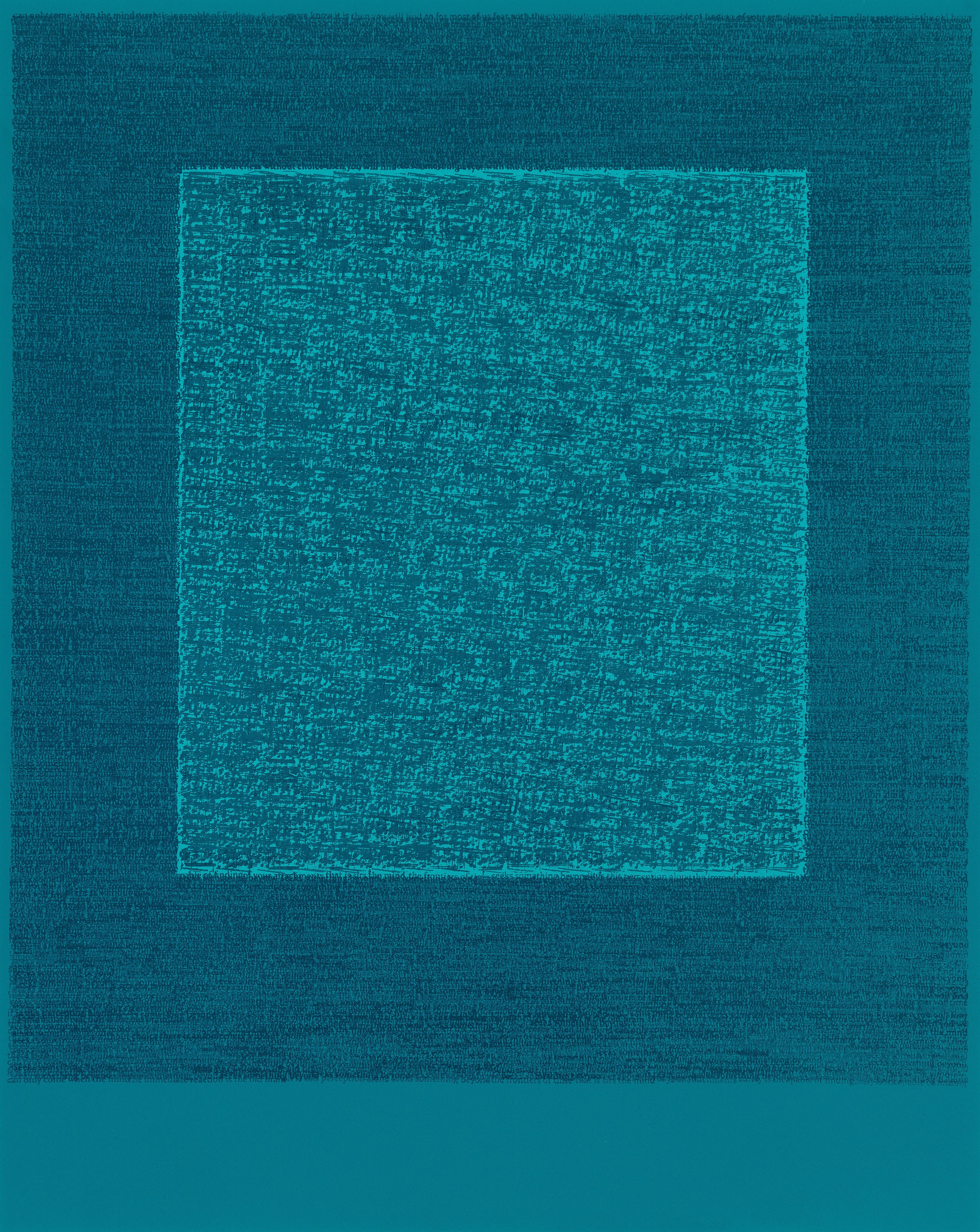 Idris Khan, The Four Seasons VIII — layered text and notation in teal forming a dense central square.