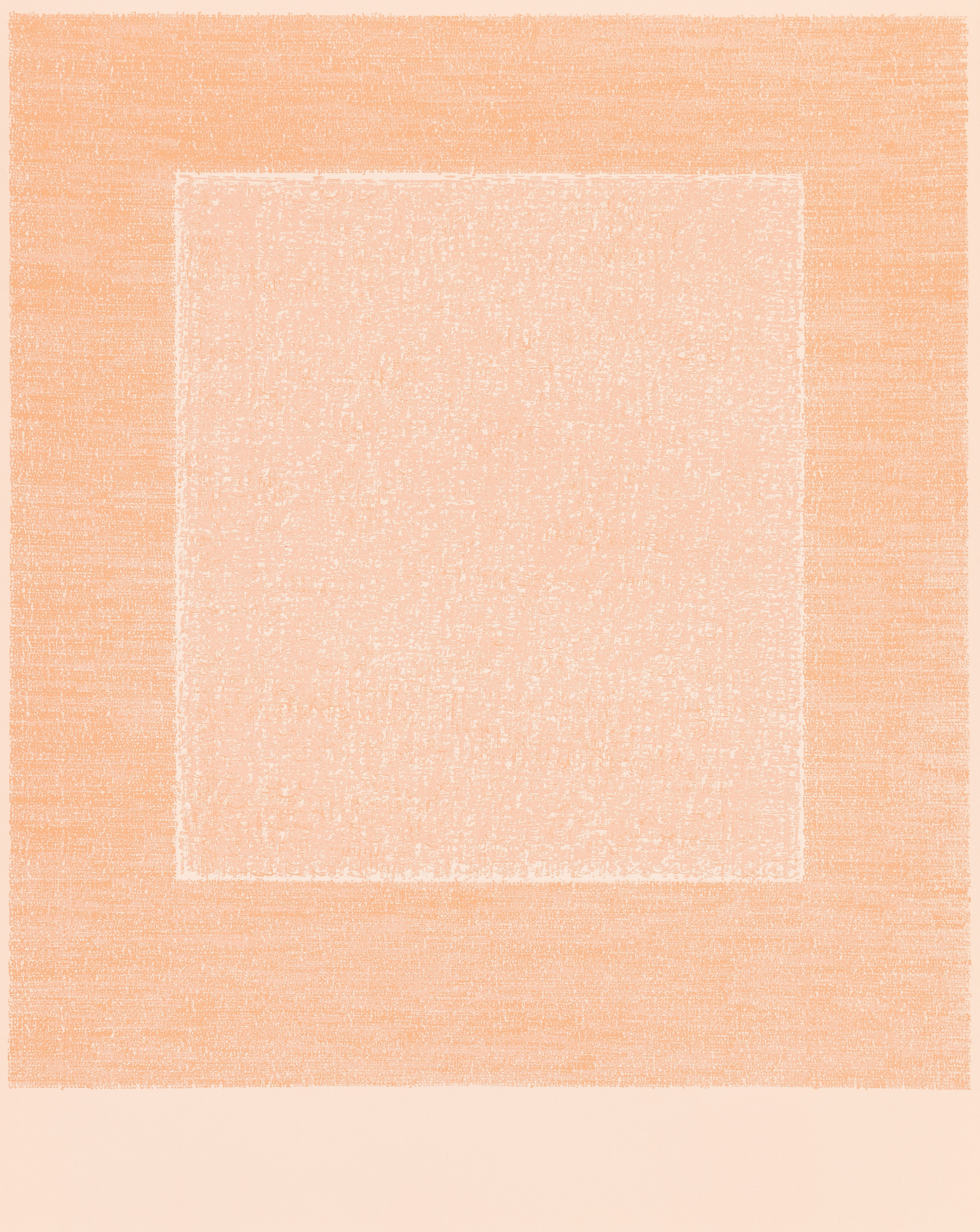 Abstract screenprint of a soft cream square of faint layered text, framed by a warm peach-apricot border.