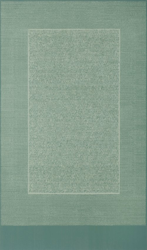 Abstract print of a tall rectangle of dense, illegible letterpressed text in pale sage, framed by a muted viridian-green border.
