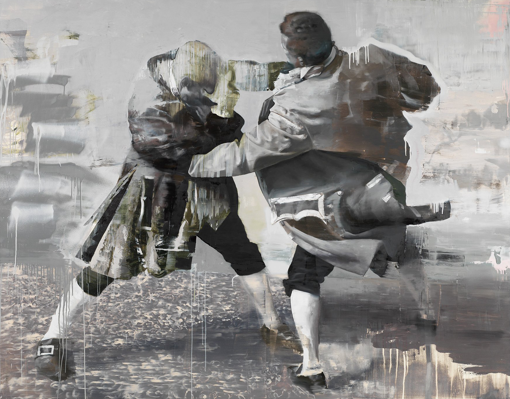 Conor Harrington's A Royal Surprise: two men in 18th-century dress grapple mid-fight, their bodies half-dissolving into a grey, dripped background.