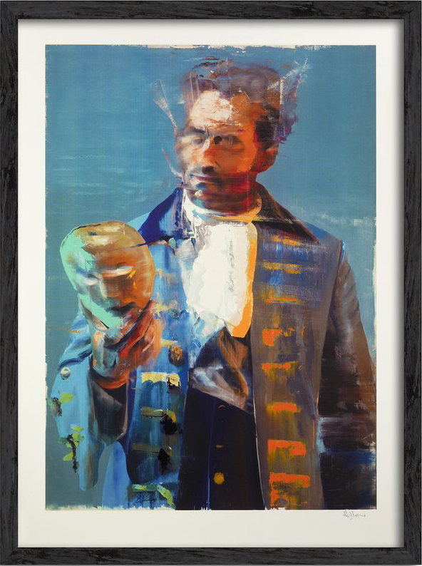 Conor Harrington's Grab your Guise: a man in an 18th-century coat holds a mask at his side against a blue ground, his face dissolving into brushstrokes.