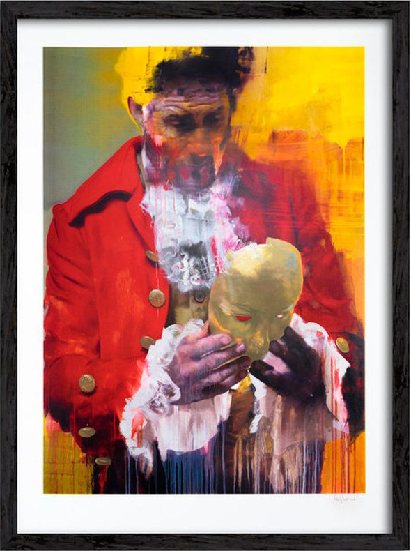 Conor Harrington's Transformer: a man in a red 18th-century coat cradles a pale mask in both hands against a dripping yellow ground.