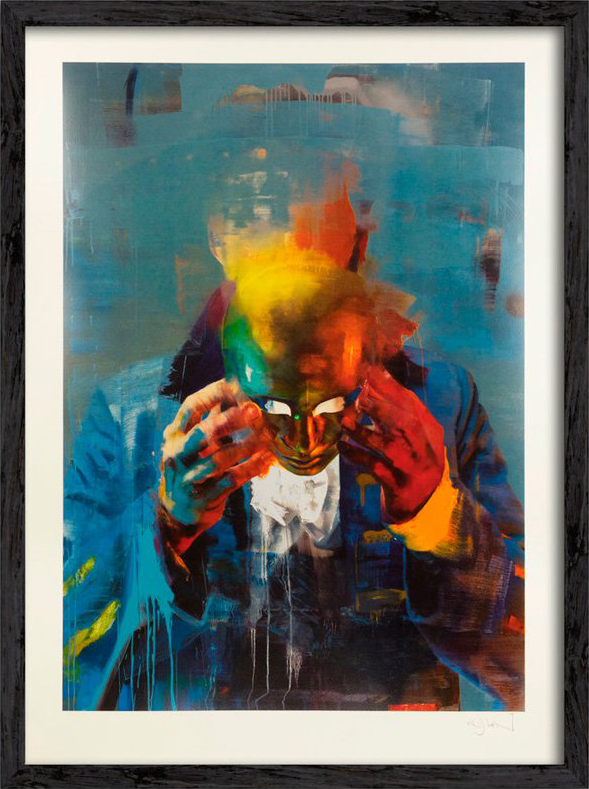 Conor Harrington's Hide and Seek: a figure in a blue coat raises a mask to their face, the head bursting into rainbow colour against blue.