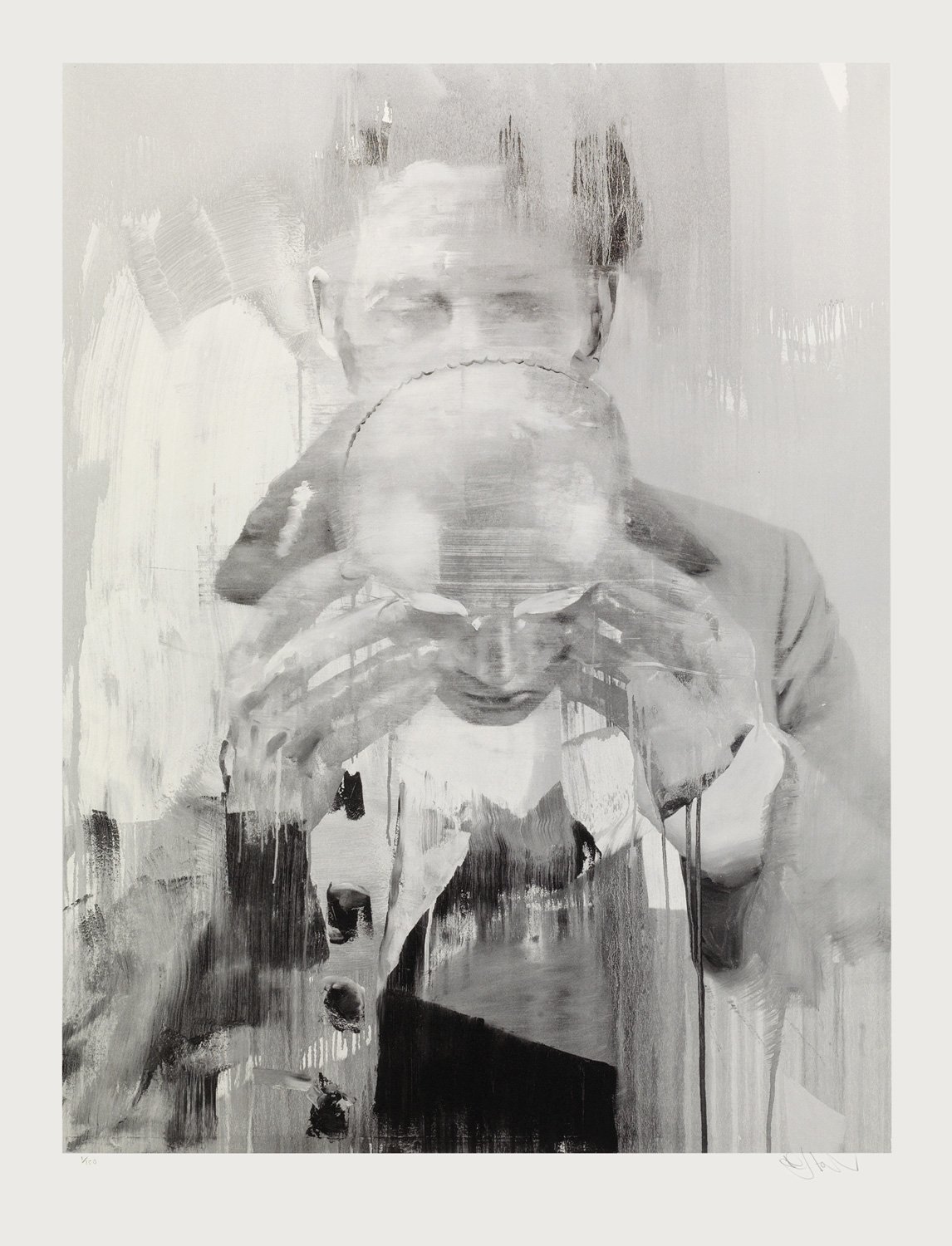 Conor Harrington's Study for Hide and Seek: a monochrome figure raises a mask to their face, the head dissolving into pale dragged and dripped brushwork.
