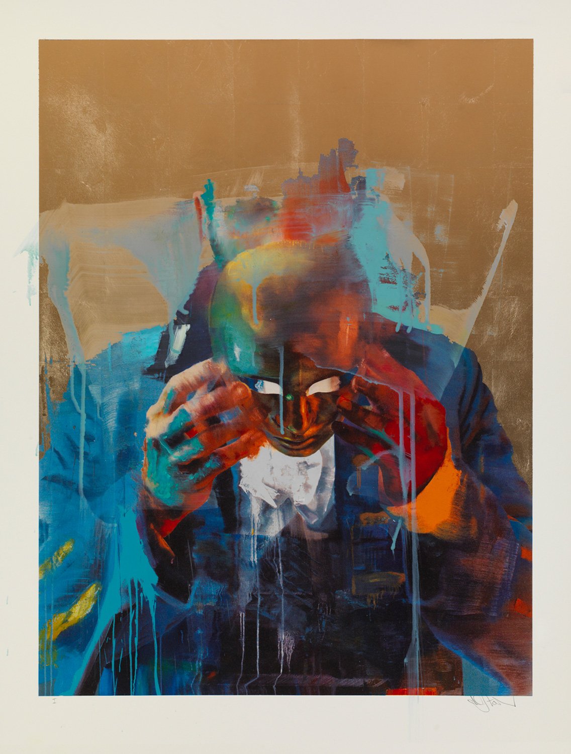 Conor Harrington's Hide and Seek Gold Edition #1: a figure raises a mask to their face in vivid blue, orange and teal against a gold-leaf ground.
