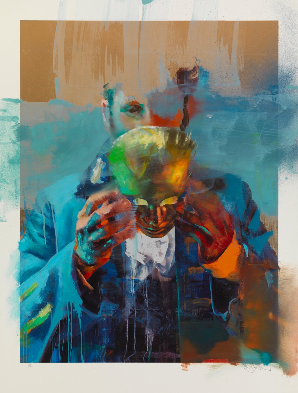 Conor Harrington's Hide and Seek Gold Edition #3: a figure raises a mask to their face amid teal, orange and green brushwork over a gold-leaf ground.