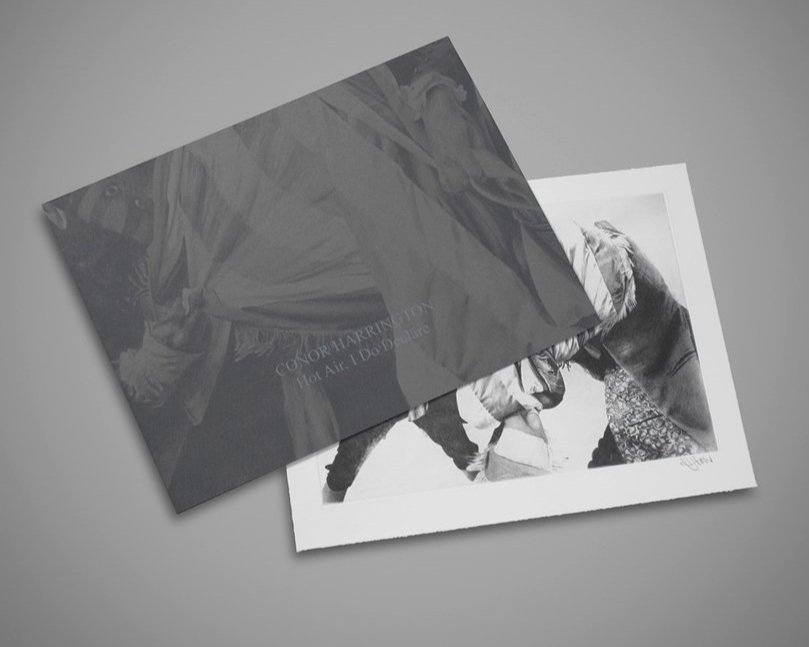 Conor Harrington's Hot Air, I Do Declare shown with its grey presentation folder, the etching's deckled edge emerging alongside.