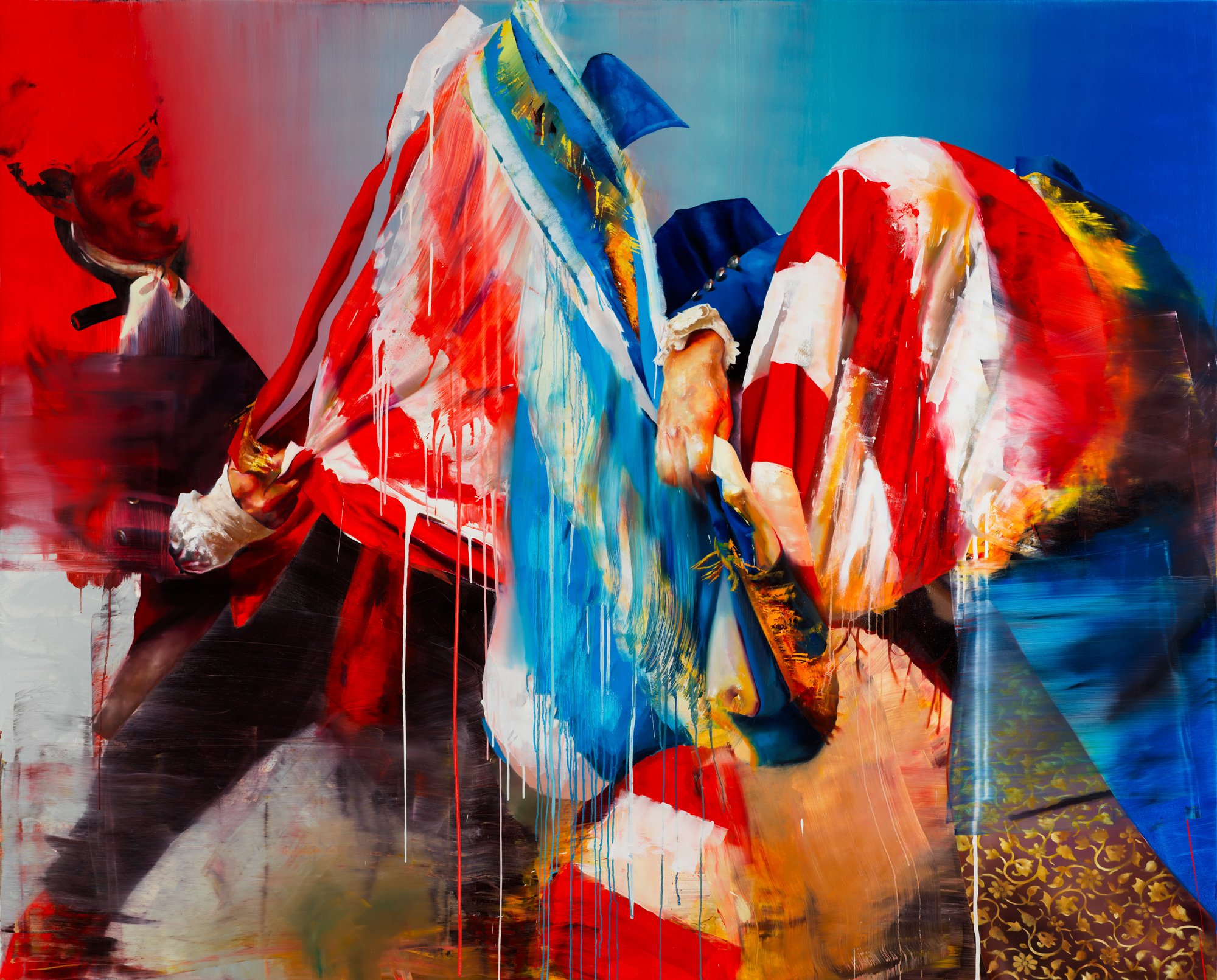 Conor Harrington's Hot Air I Do Declare: two men in 18th-century dress grapple over a striped flag in vivid red, blue and white, streaked with paint drips.