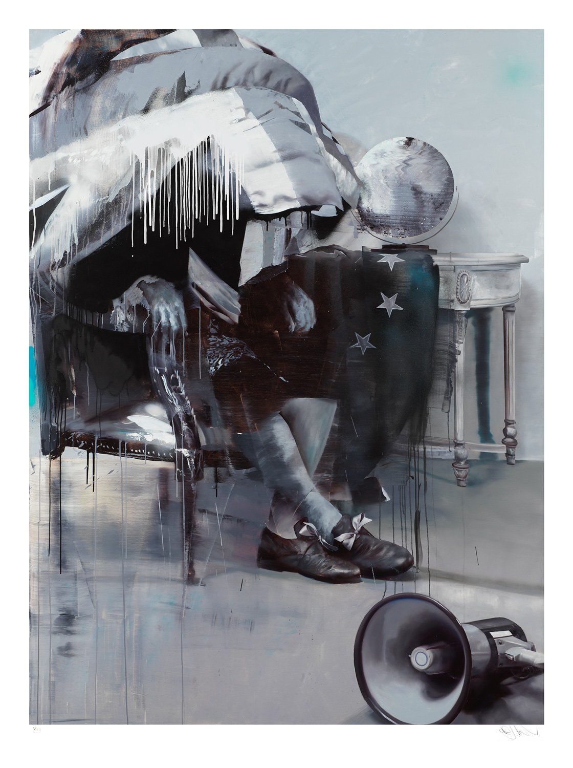 Conor Harrington's Study for The Blind Exit: a seated figure draped in a flag ties their shoe in muted greys, beside a globe, side table and fallen megaphone.