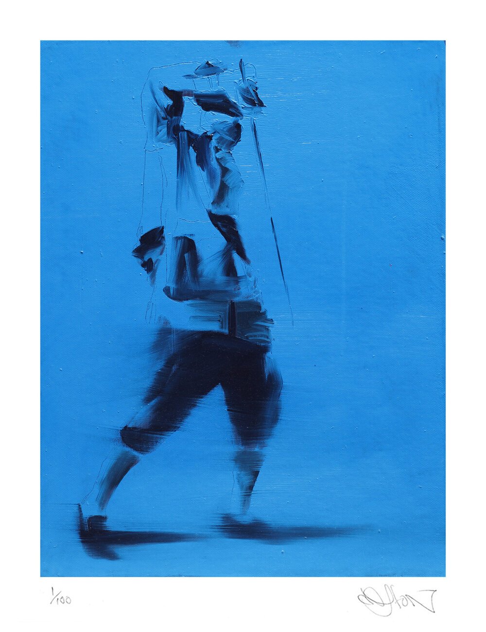 Conor Harrington's Protect Ya Neck: a loosely painted figure in 18th-century dress lunges with a raised arm, in black brushstrokes on a bright blue ground.