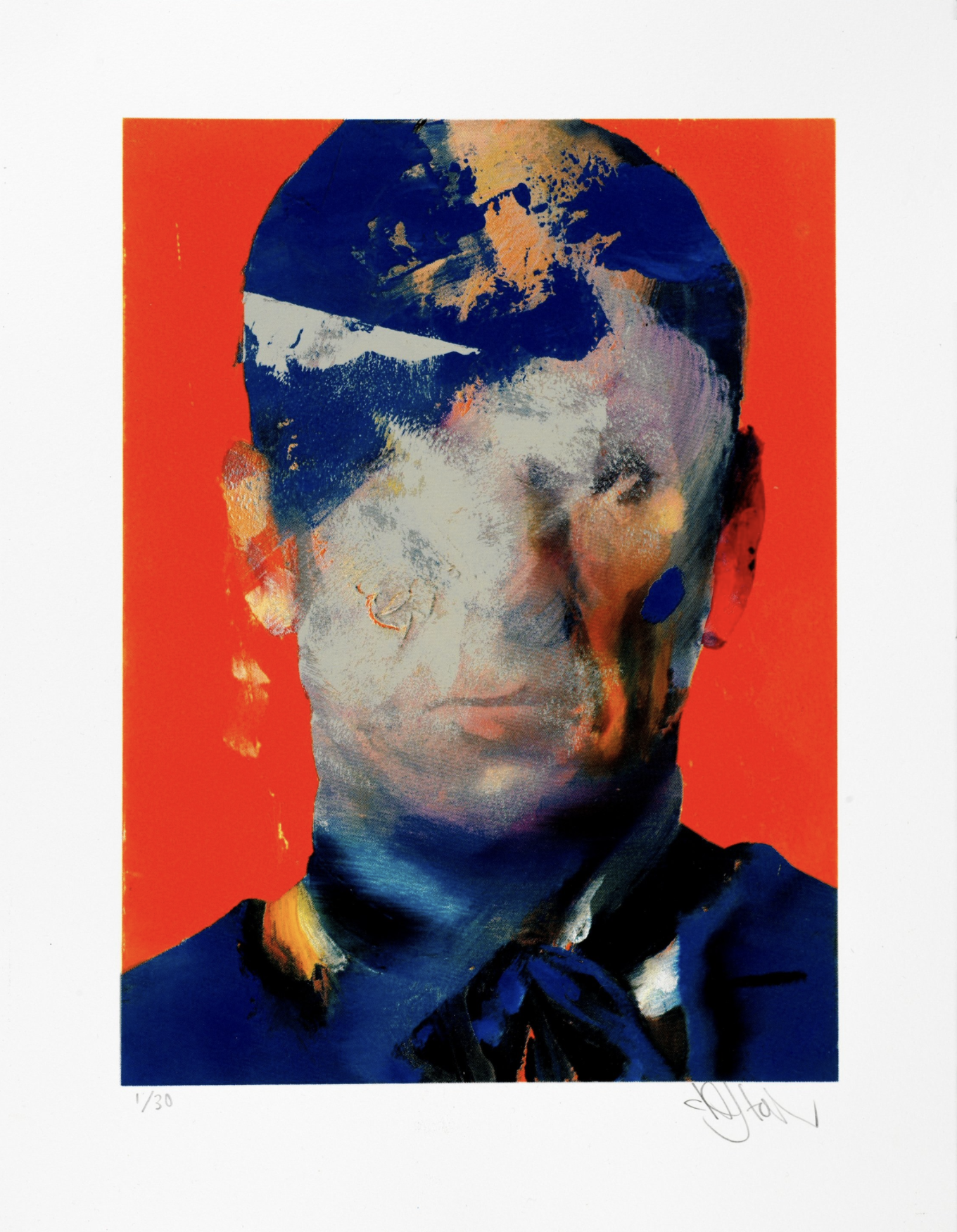 Conor Harrington's Reading Between the Punchlines (6): a portrait of a man in a blue coat, his face smeared and half-effaced with paint, on a bright orange-red ground.