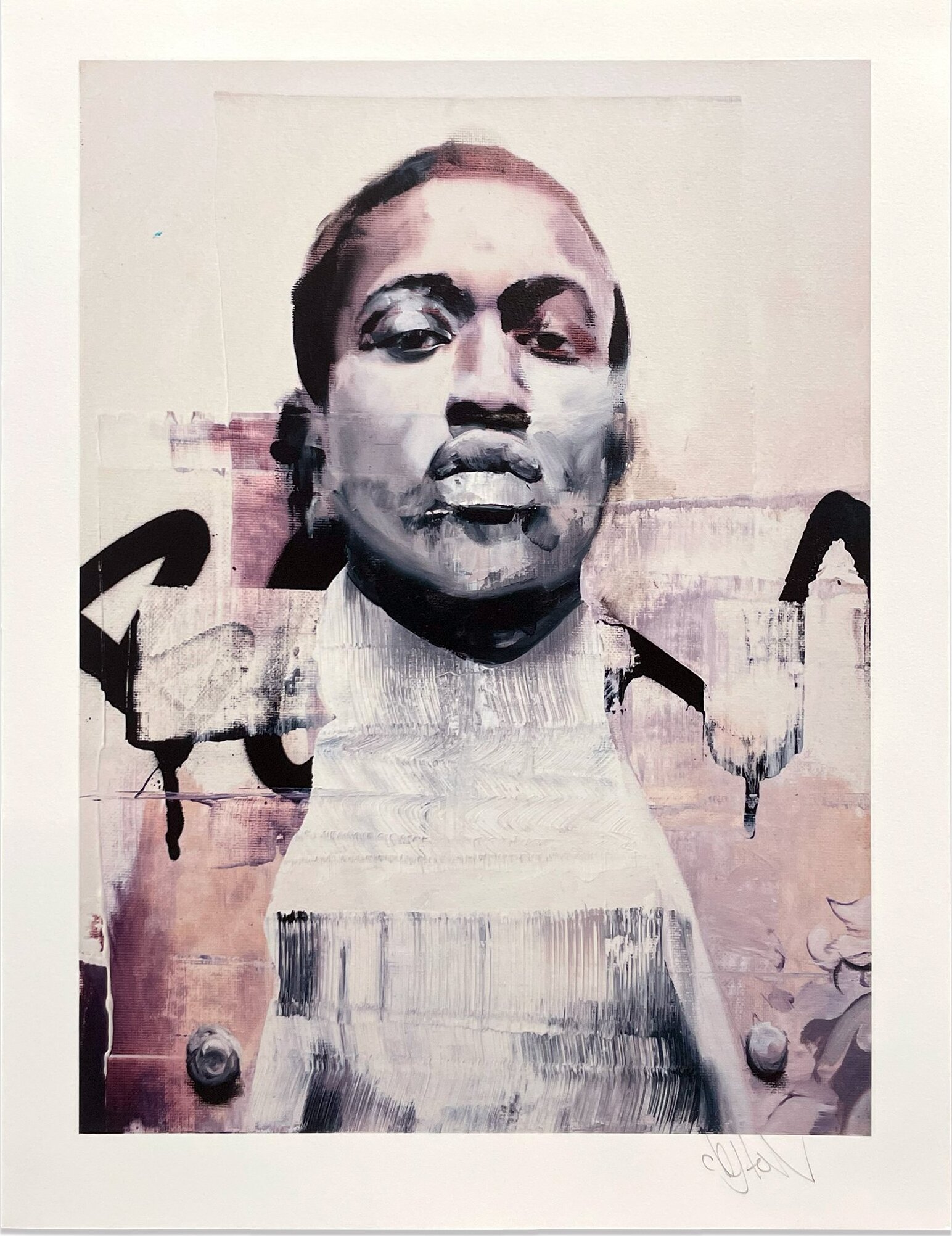 Conor Harrington's A Study for Modern Monarchy: a close-up portrait, the face part-dissolved into pale dragged brushwork over a muted graffitied wall.