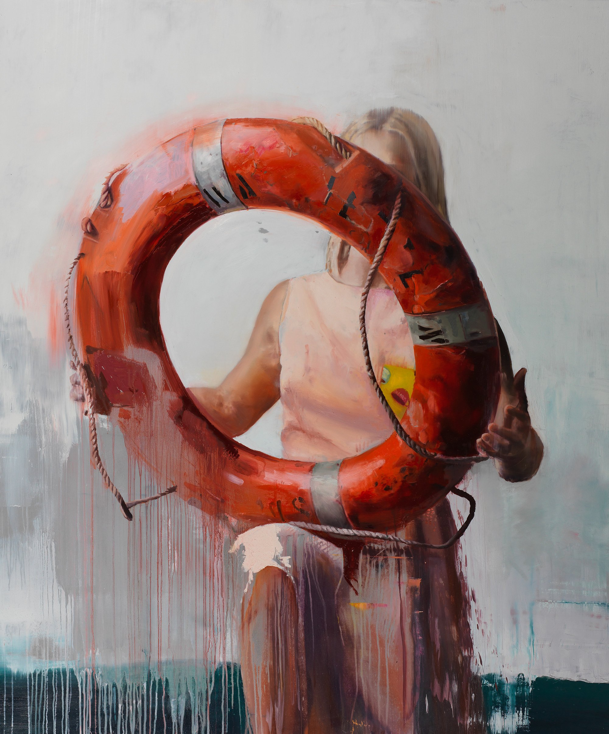Chloe Early's Compass: a child holds a large orange life ring that obscures their torso, painted in saturated oils over a pale, dripping ground.