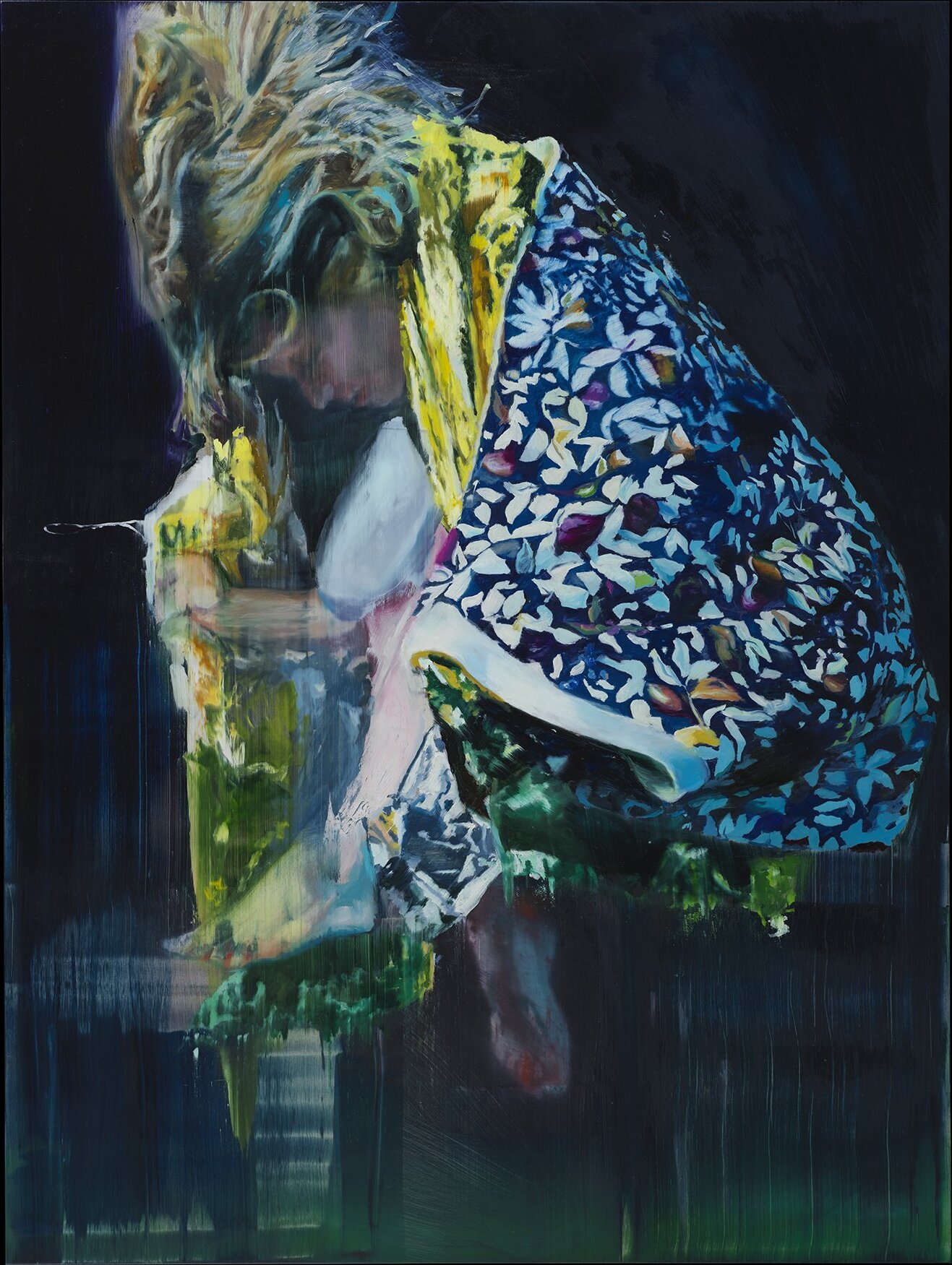 Chloe Early's Shelter, No. 1: a woman curled forward in a blue floral dress, her form breaking into green and yellow brushwork against a dark ground.
