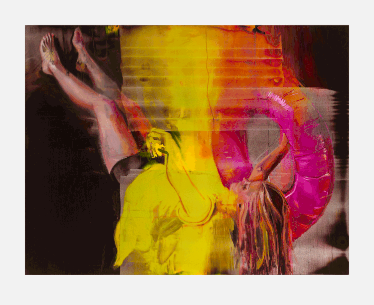 Chloe Early's Grían: a figure tumbles upended beside a pink life ring, dissolving into vivid yellow, orange and magenta over a dark ground.