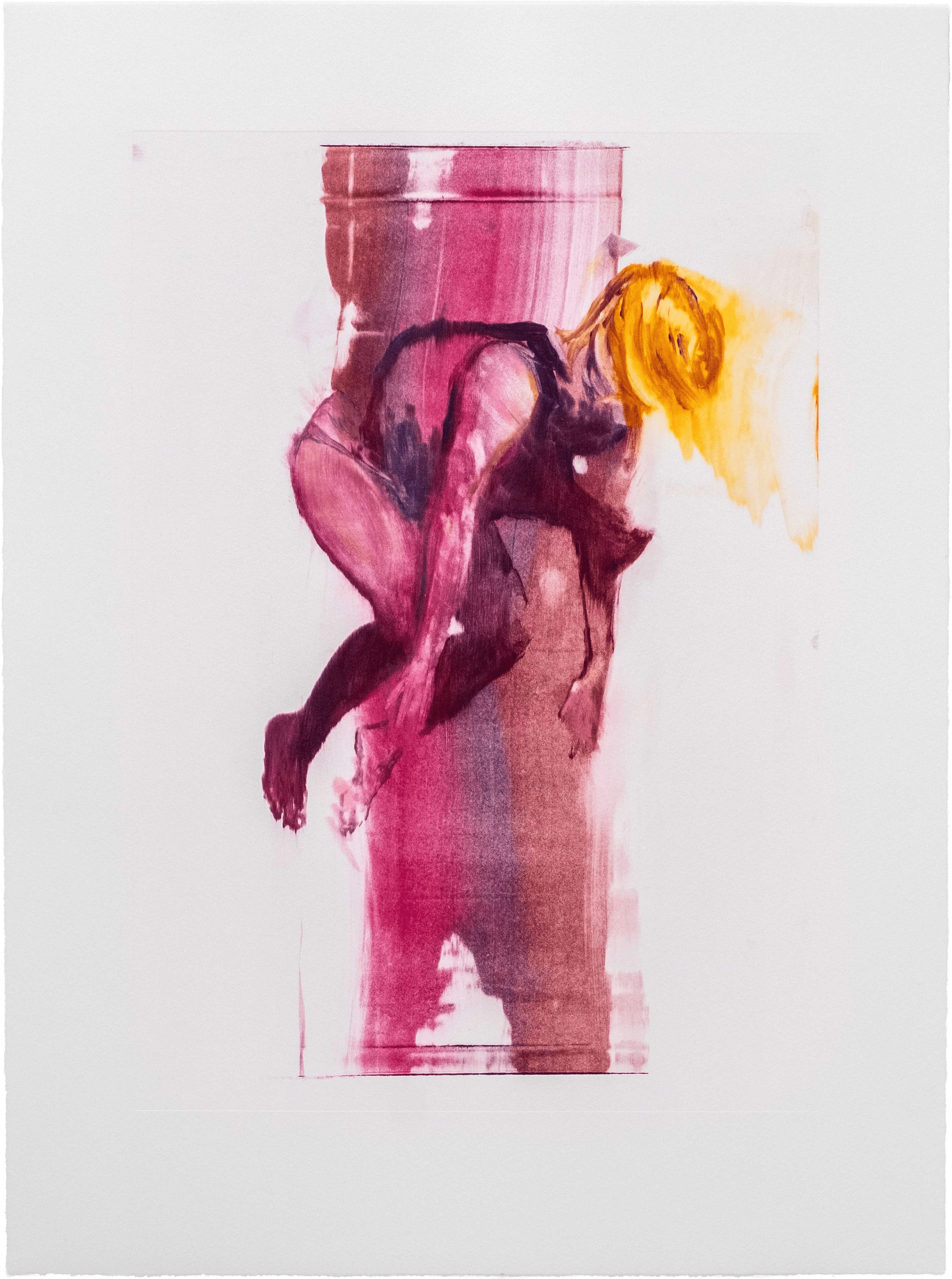 Chloe Early's Penumbra 5: a crouched figure with a yellow-blonde head, painted in magenta and deep purple over a pink printed panel.