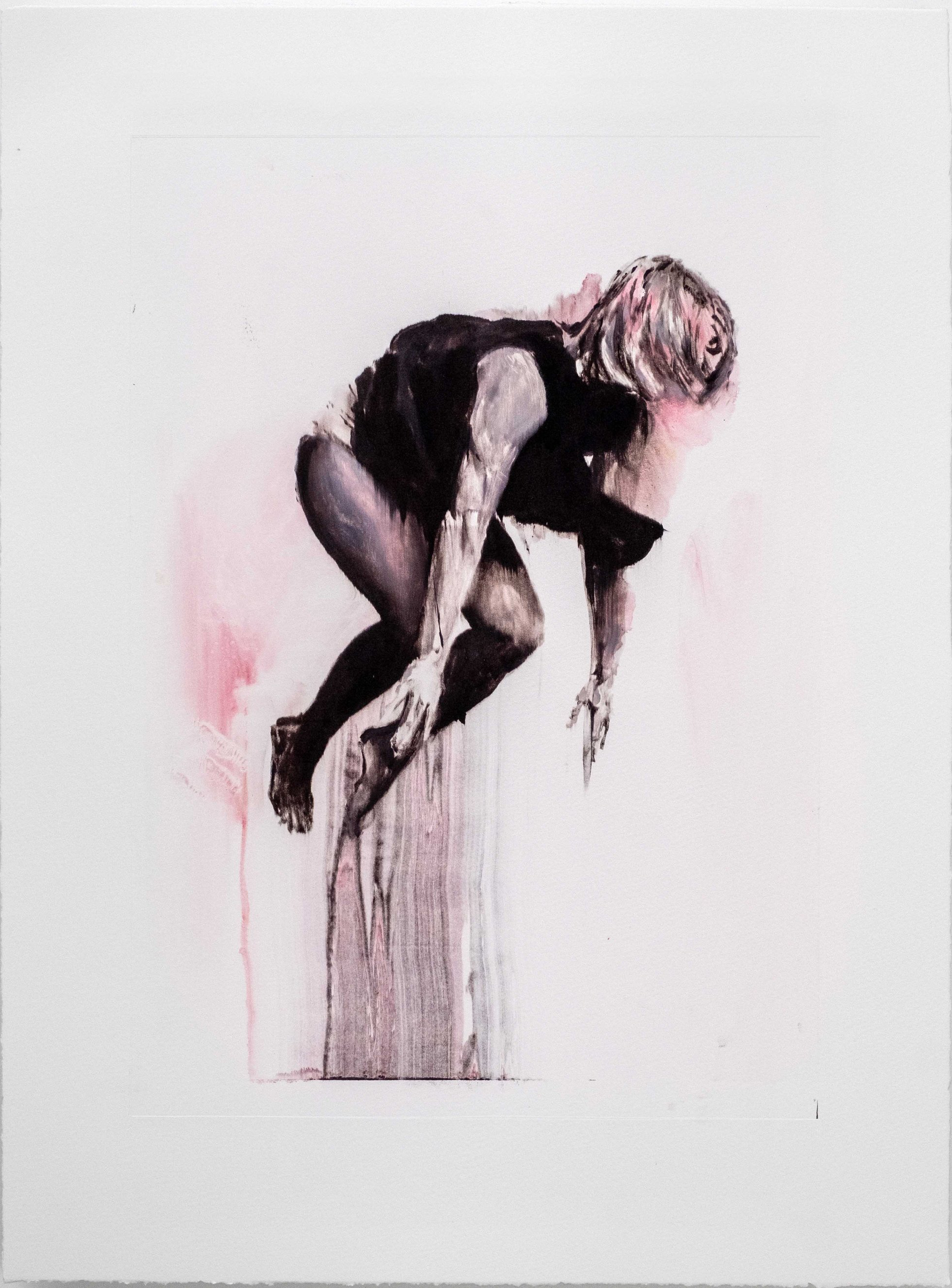 Chloe Early's Penumbra 1: a crouched figure in black and grey with a pale head, over faint pink washes on bare paper.