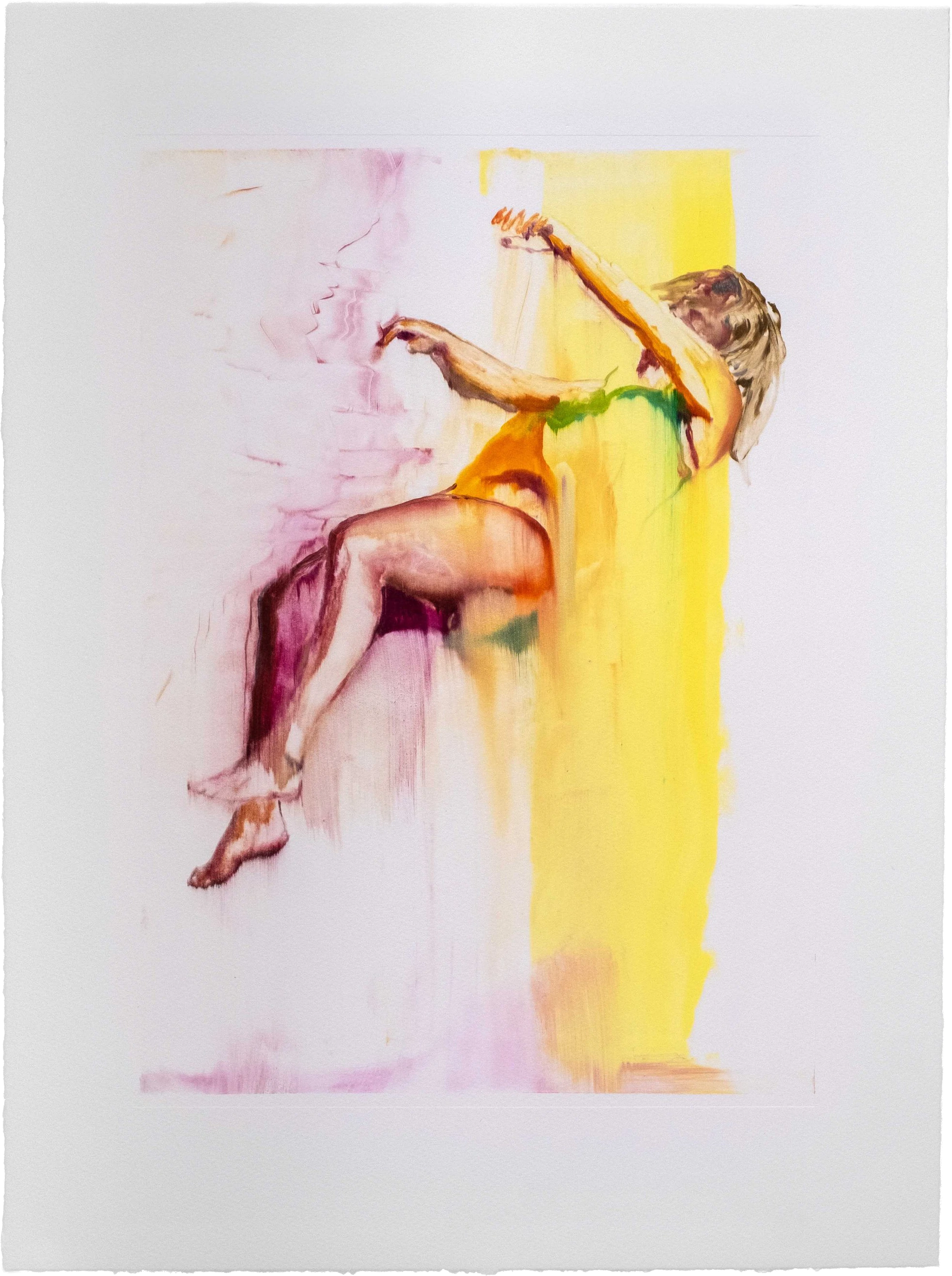 Chloe Early's Echo 2: a reclining figure with arms raised, painted in warm ochre and yellow against a pink and lilac ground.