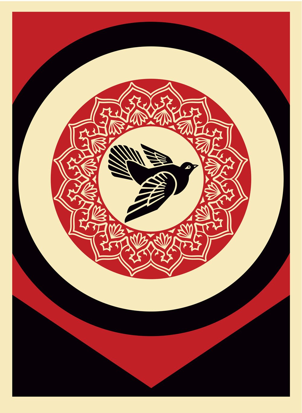 Shepard Fairey's Rise from the Ashes (Black): a black dove at the centre of a decorative mandala, ringed by concentric red, cream and black bands.
