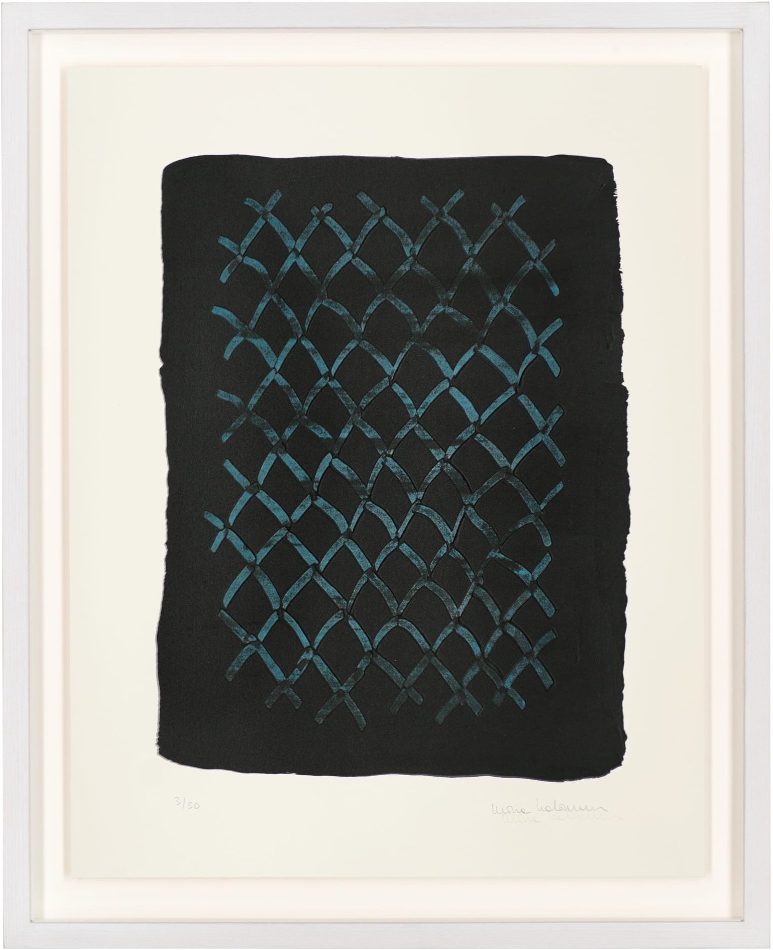 Mona Hatoum's The Blues: a teal chain-link fence pattern rendered in raised ink over a dense black ground.