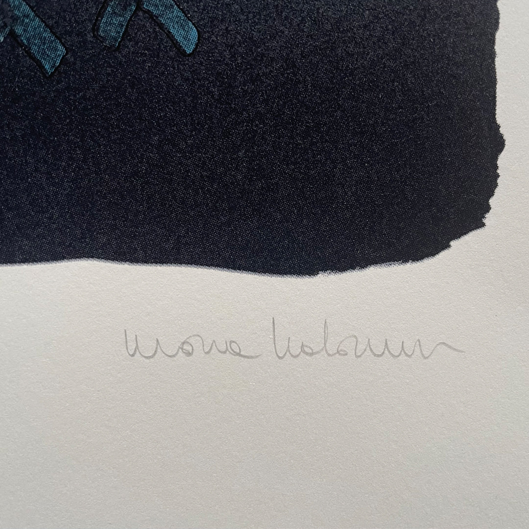 A detail of Mona Hatoum's pencil signature below the black printed area of The Blues.