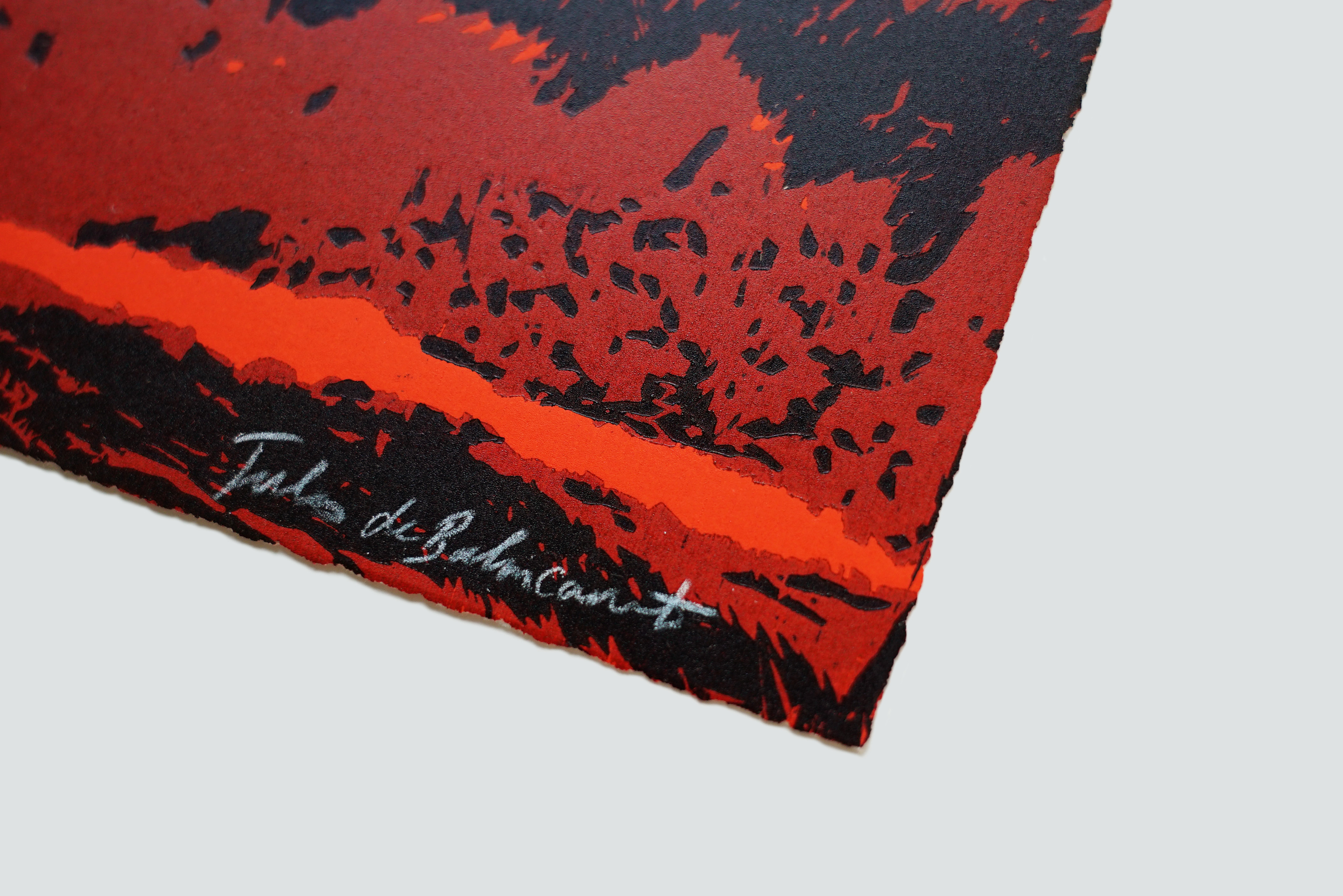 A detail of Jules de Balincourt's signature on the deckled edge of the woodcut, over red and black carved marks.