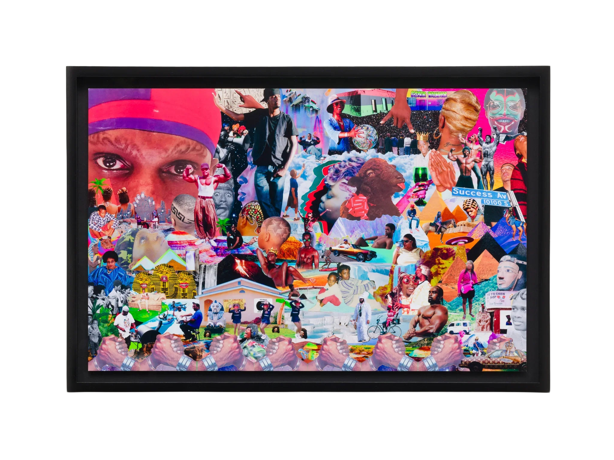 Lauren Halsey's Untitled in a black frame: a dense, vivid collage layering figures, portraits, pyramids, storefronts and street signs from South Central Los Angeles and the African diaspora.