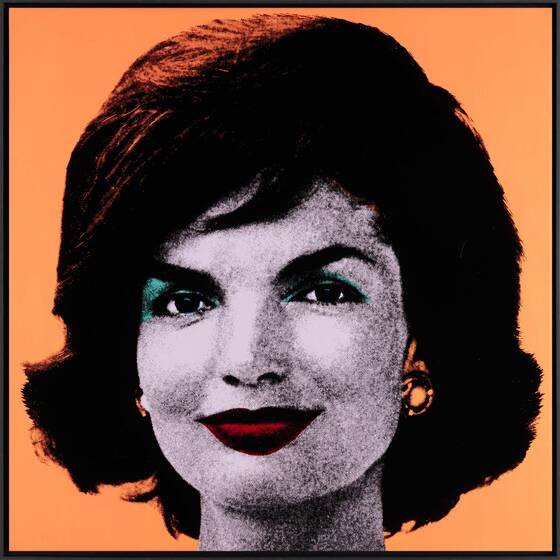 Paul Stephenson's 'Jackie': Jacqueline Kennedy with black bouffant, red lips and teal eyeshadow, on a cadmium-orange ground.