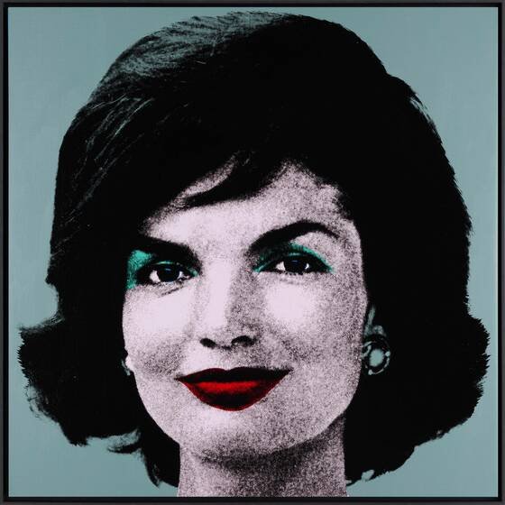 Paul Stephenson's 'Jackie': Jacqueline Kennedy with black bouffant, red lips and teal eyeshadow, on a Prussian blue-grey ground.