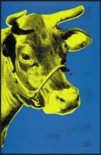 Paul Stephenson's 'Cow I': a haltered cow's head with horns, printed in yellow on a blue ground.